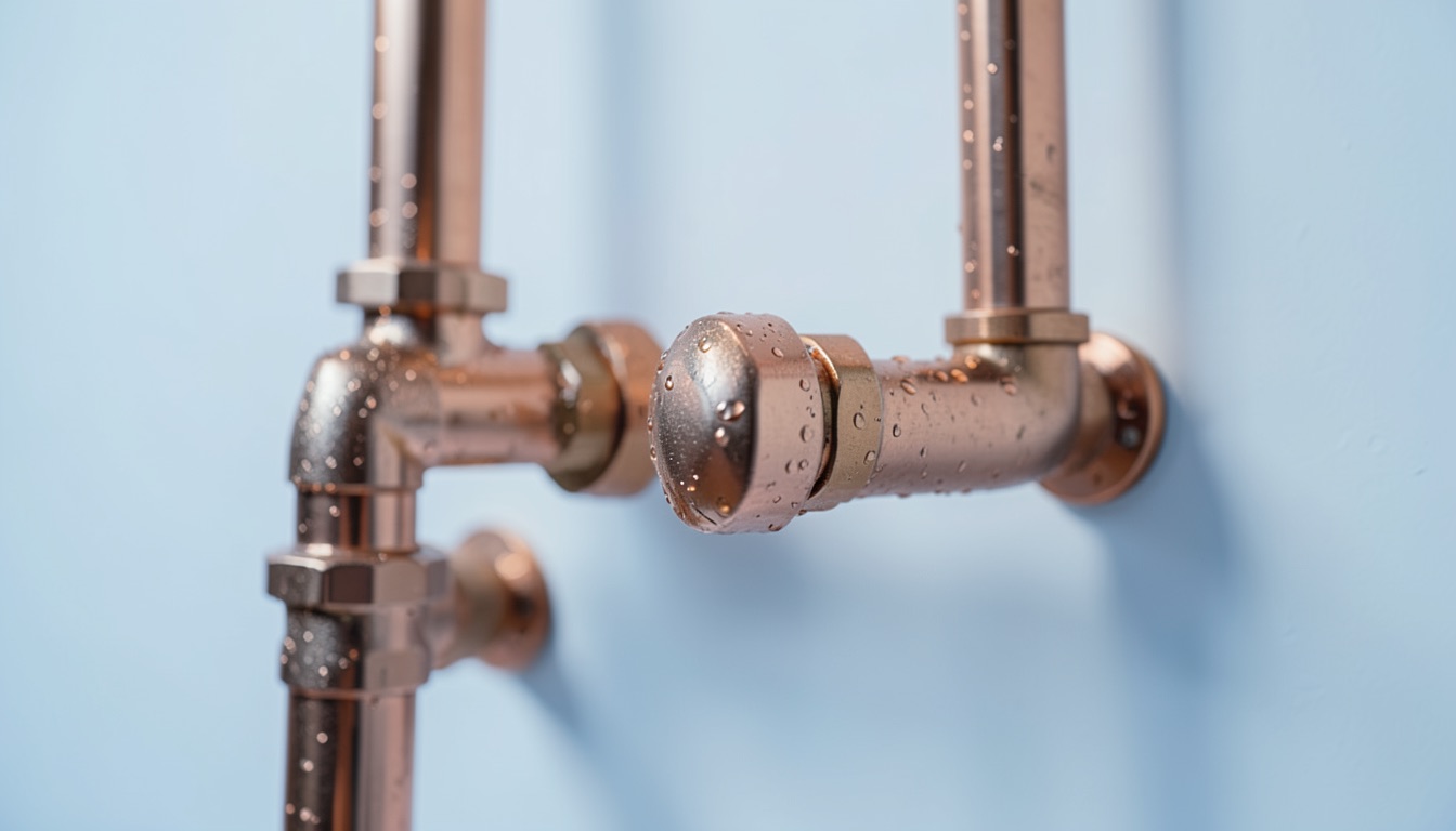 Gleaming copper pipes and fittings on a clean wall