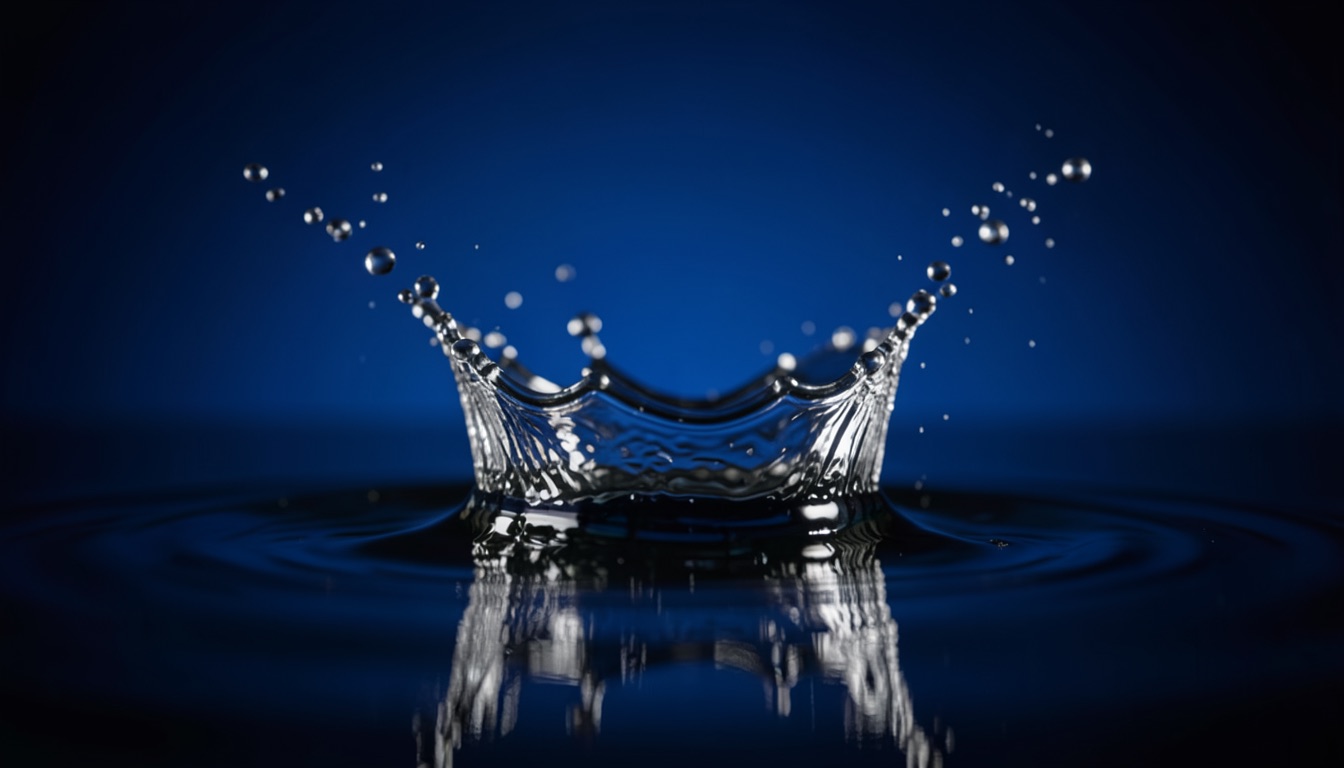 A crown splash of clear water against a deep blue background