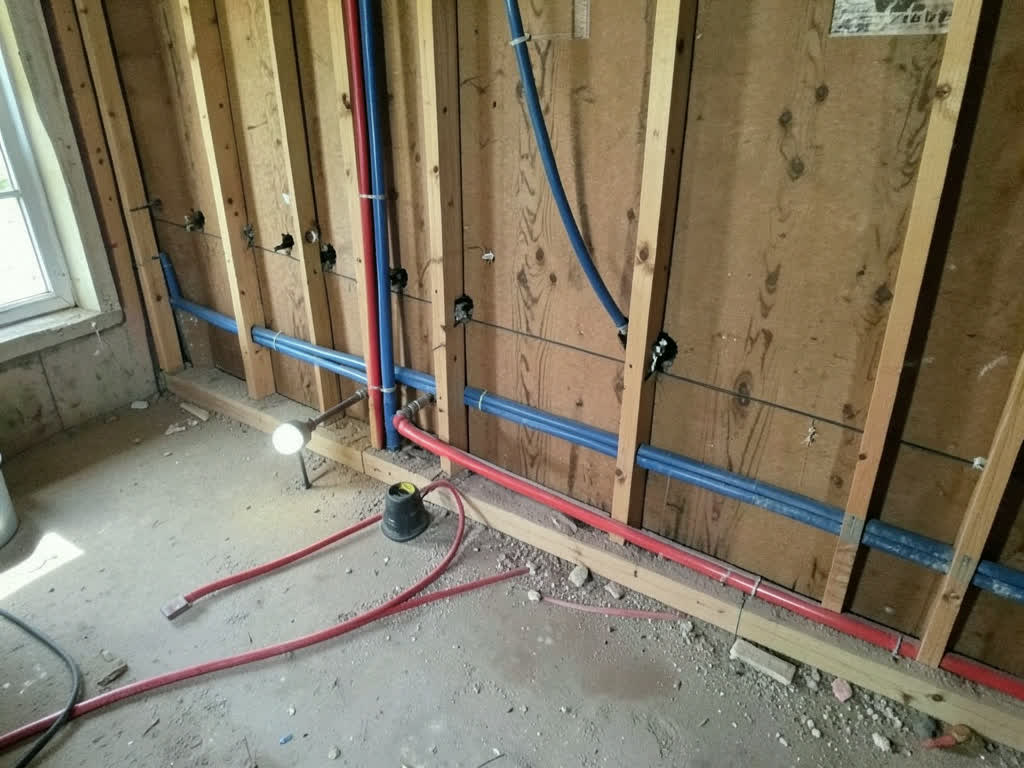 Rows of new red and blue PEX supply lines run along wall framing
